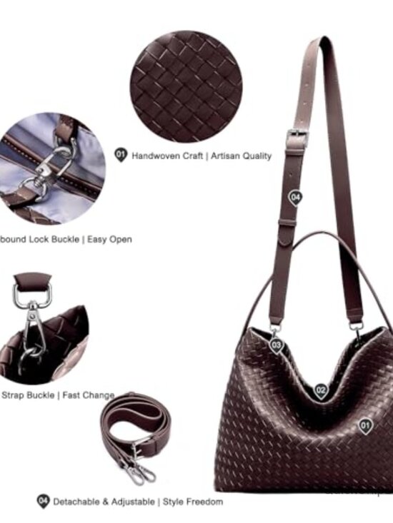 Vegan Leather Woven Tote Bag with Adjustable Strap and Pockets - Picture 5 of 7